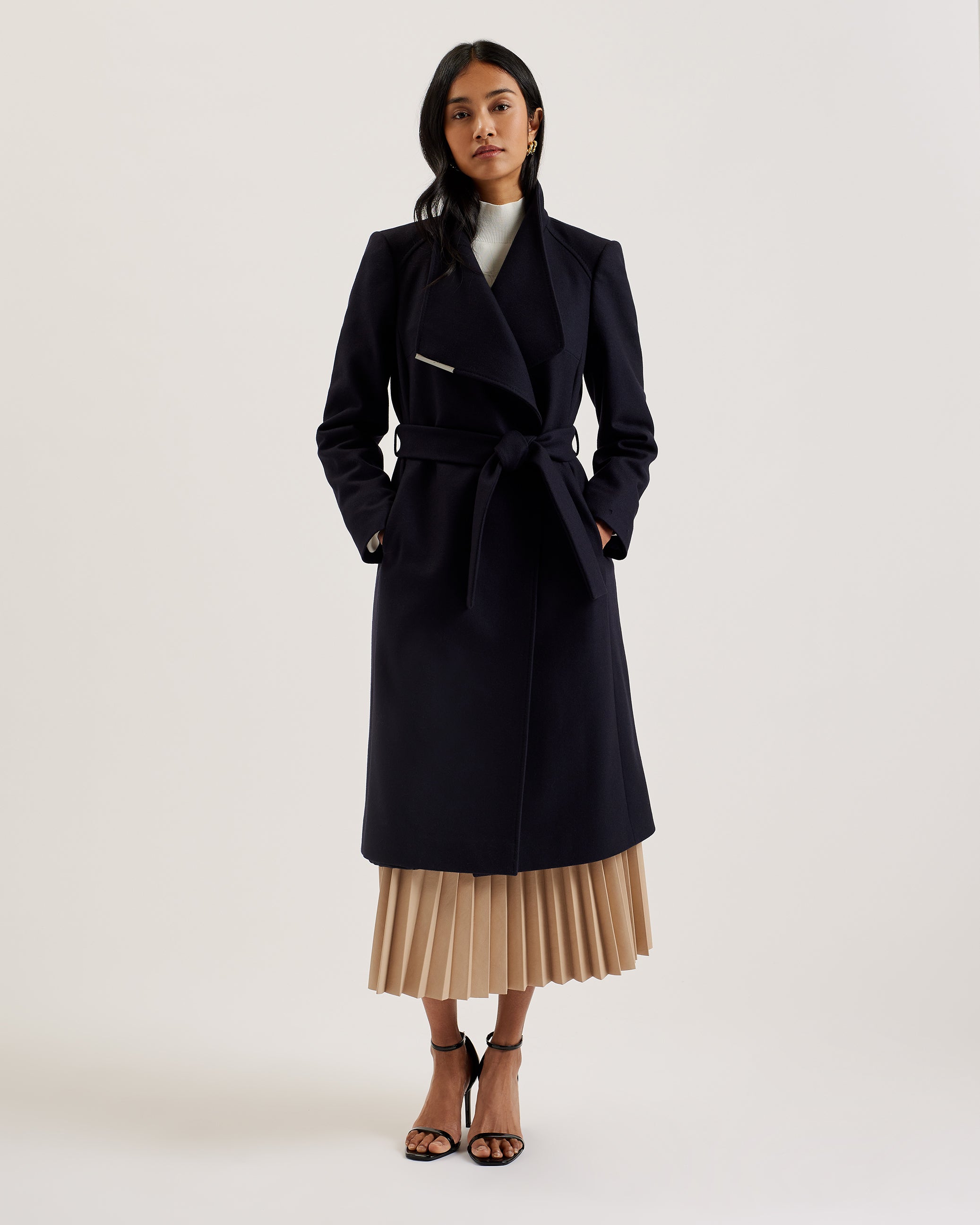 Women's Rose-Midi Length Belted Wool Wrap Coat Dk-Navy
