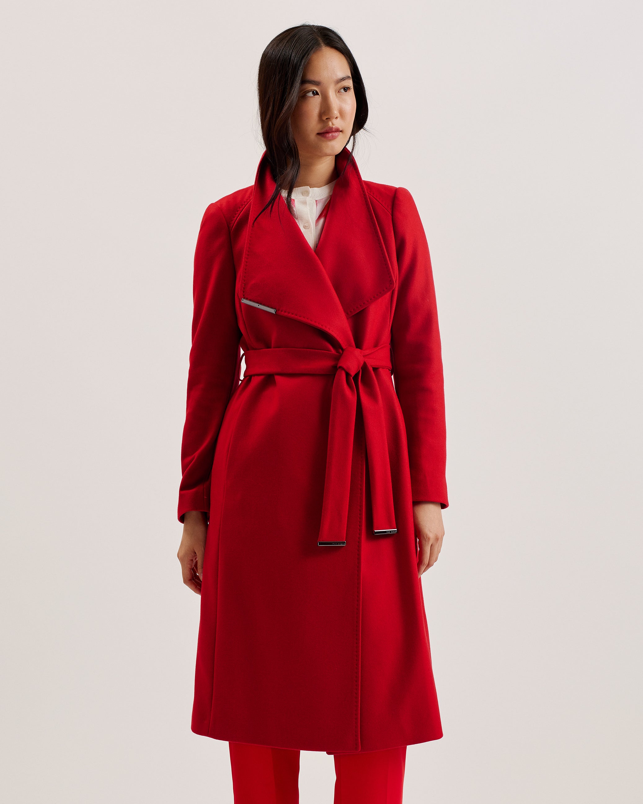 Women's Rose-Midi Length Belted Wool Wrap Coat Brt-Red