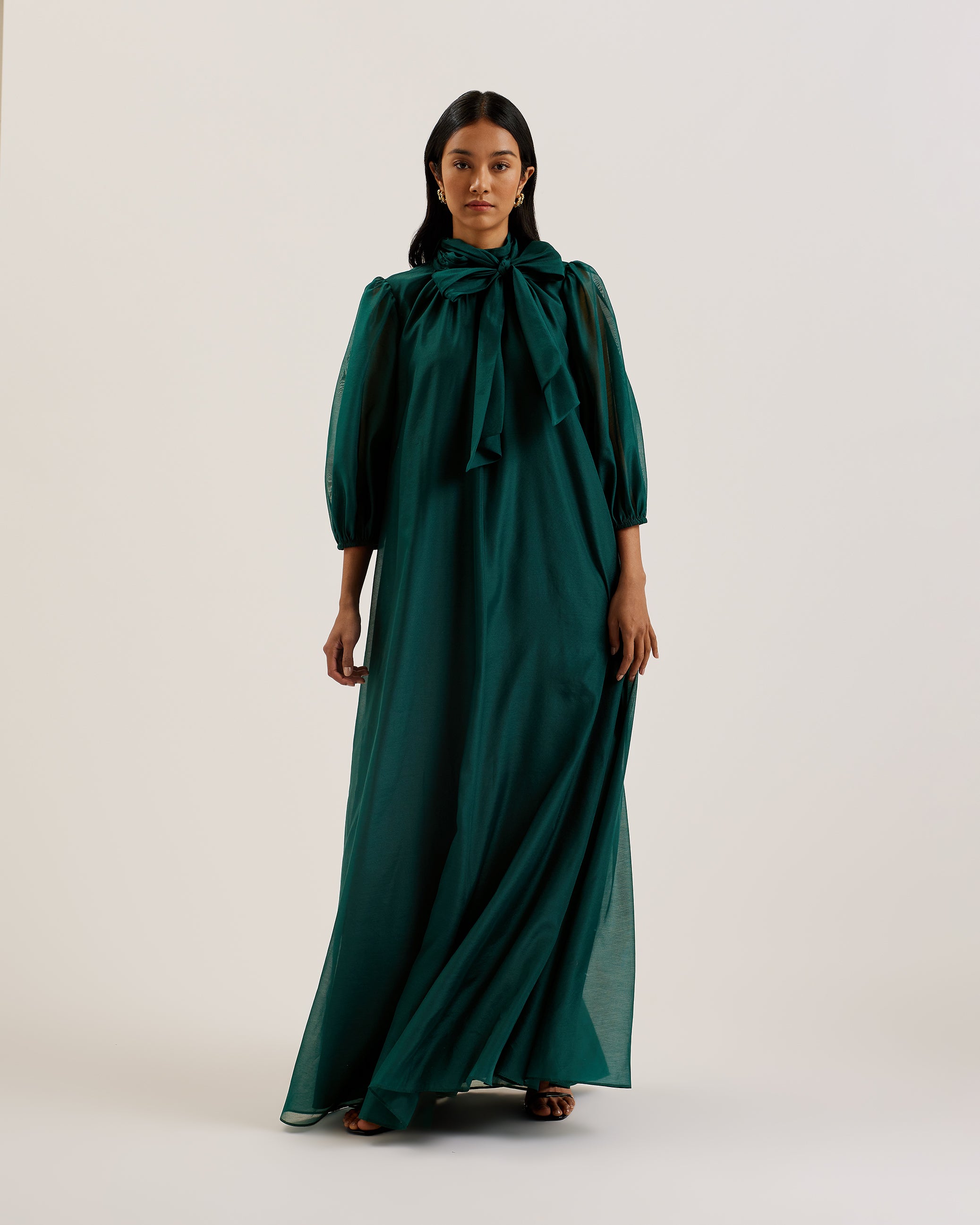 Women's Adaifi-Sheer Organza Tie Neck Maxi Dress Dk-Green