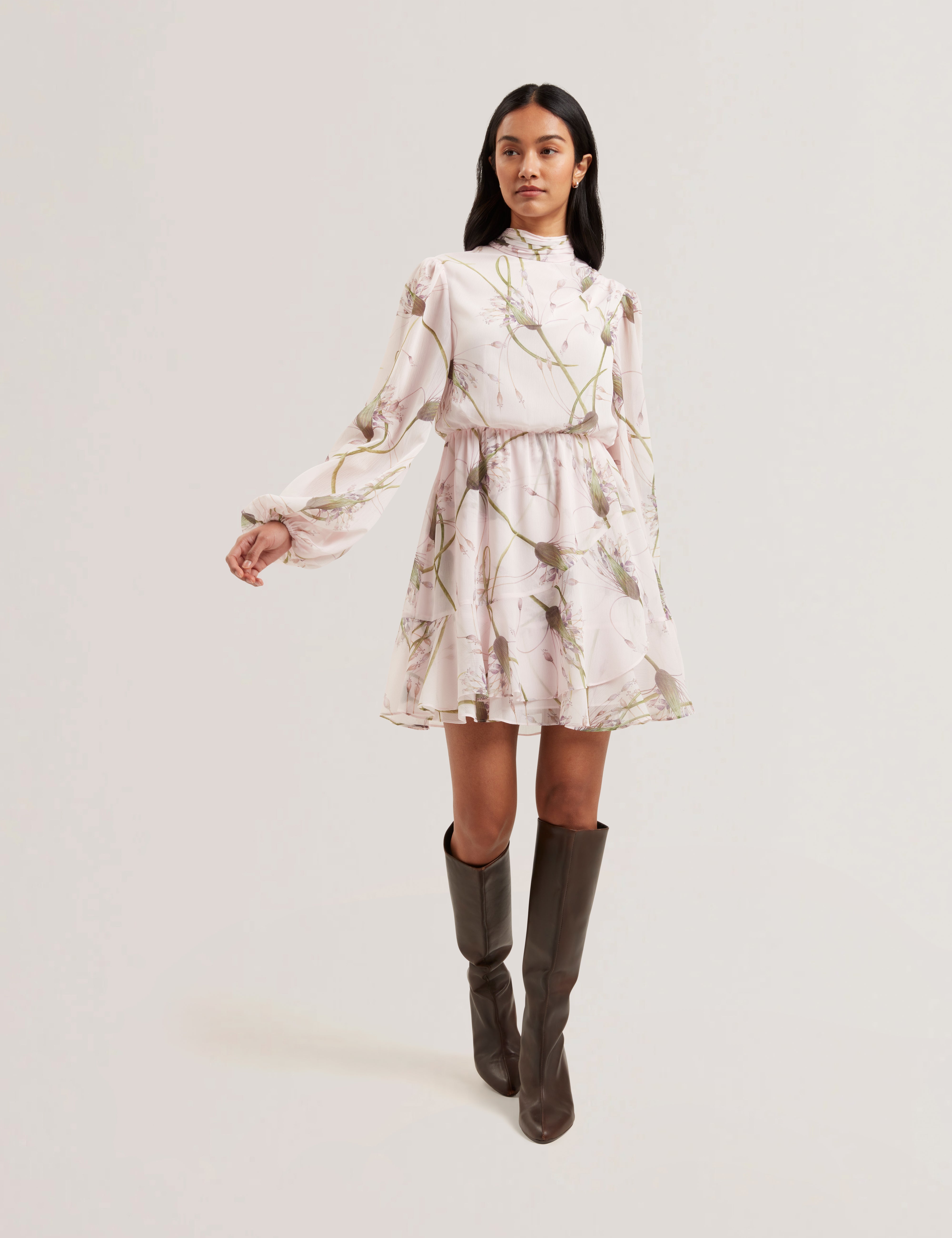 Women's ARAKAS-Printed Long Sleeve Neck Tie Mini Dress Lt-Pink