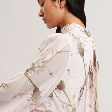 Women's ARAKAS-Printed Long Sleeve Neck Tie Mini Dress Lt-Pink