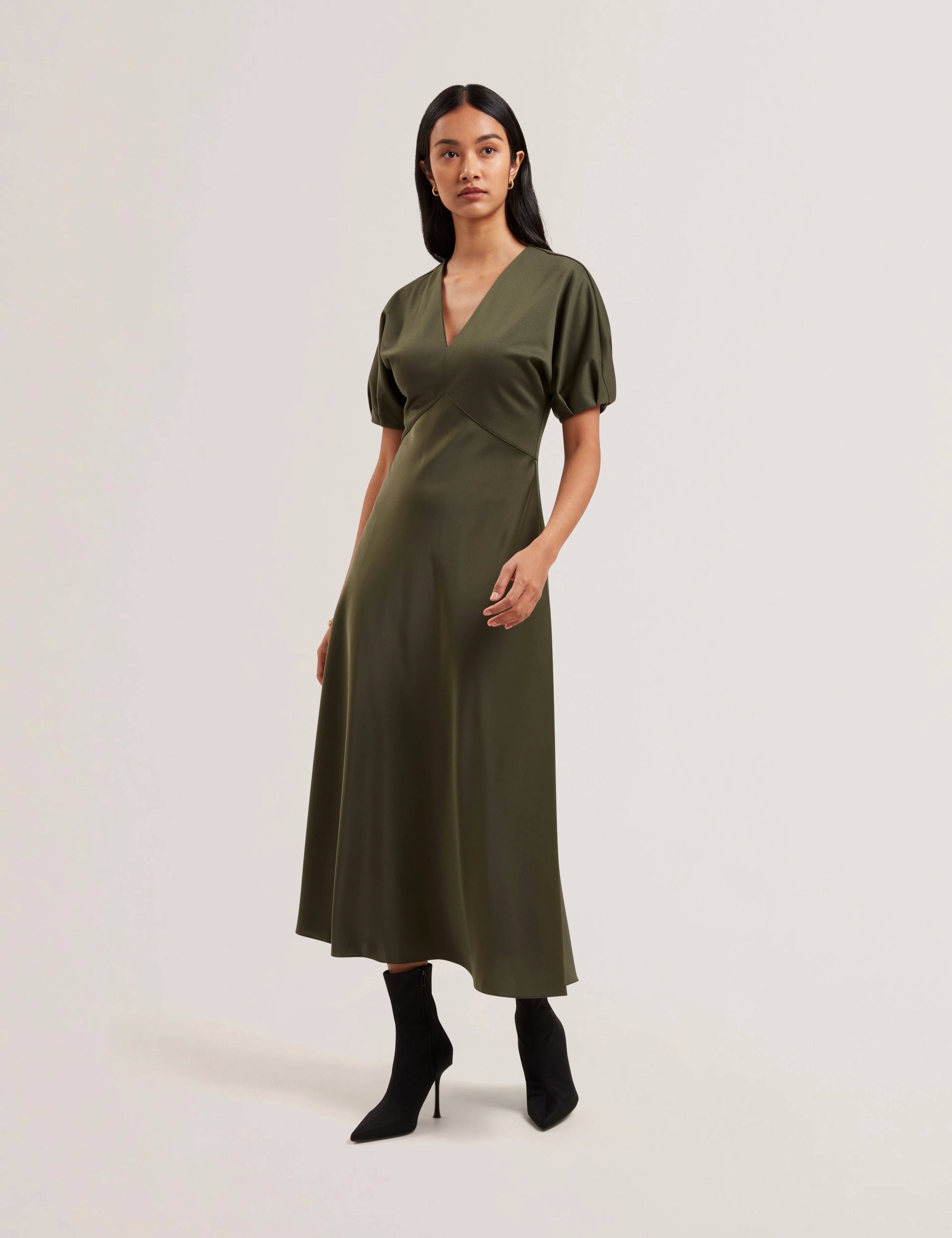 Women's EDULIS-Ponte Bodice Satin Skirt Midi Dk-Green