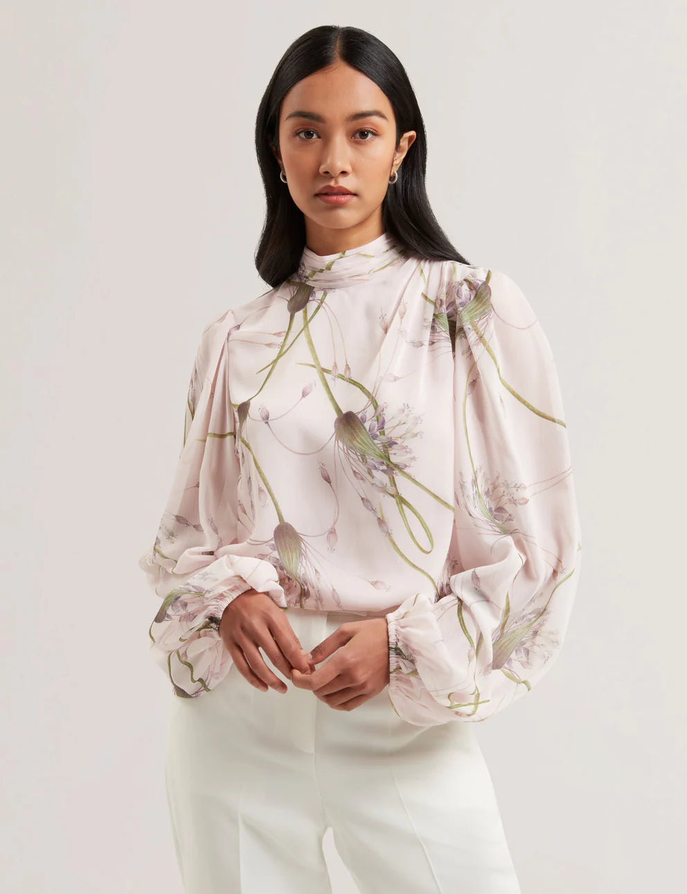 Women's ALATI-Printed Tie Neck Long Sleeve Blouse