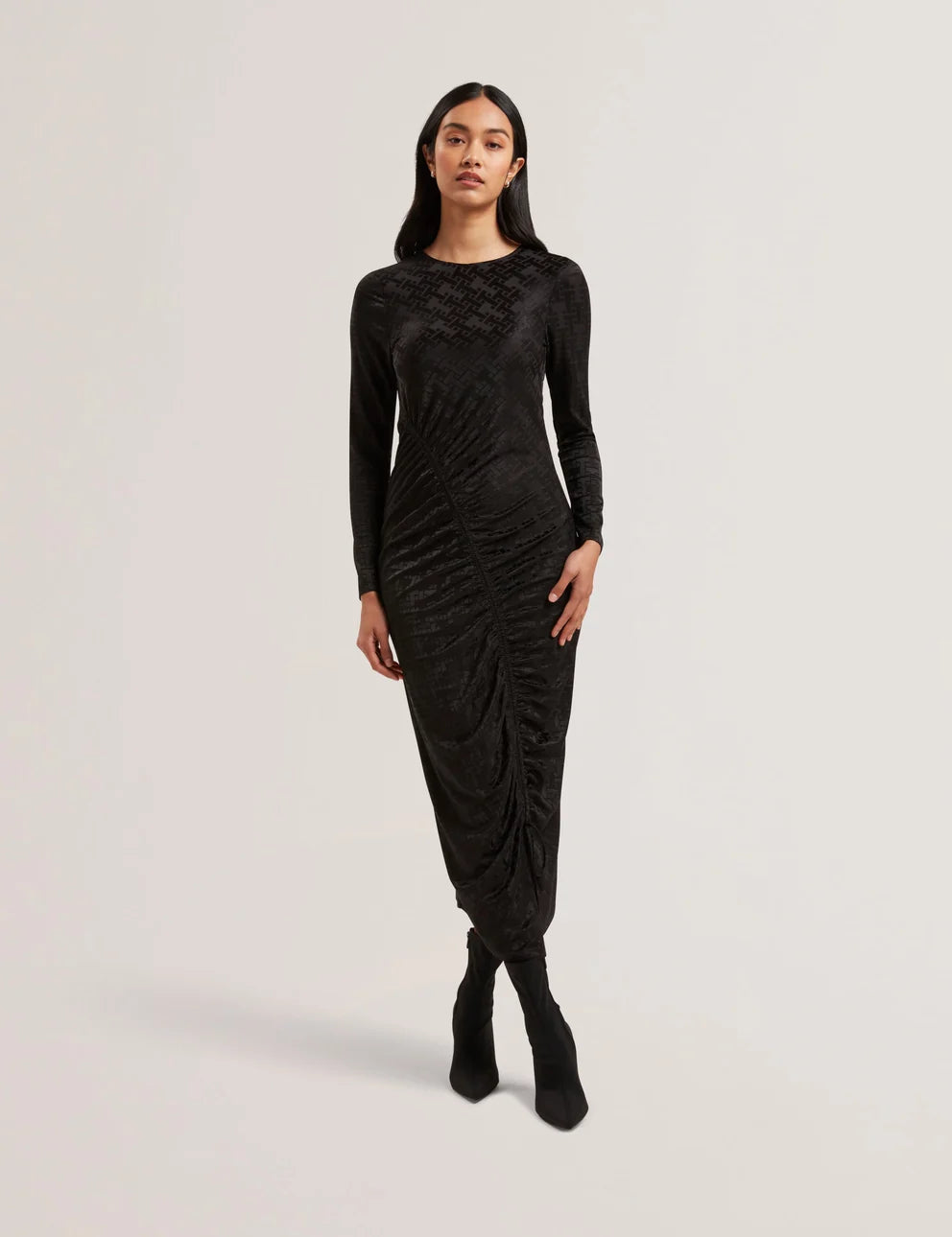 SHERLAY: Jacquard Bodycon Gathered Midi Dress