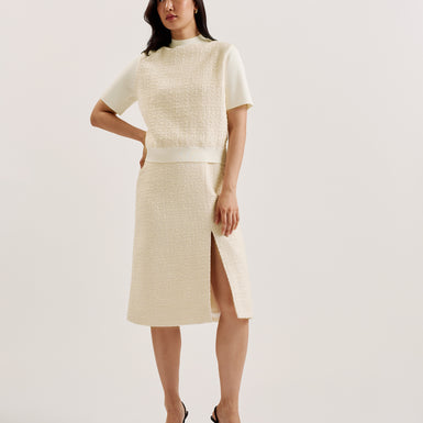 Women's Morim-Knit Bodice Boucle Mid Skirt Side Slit Ivory