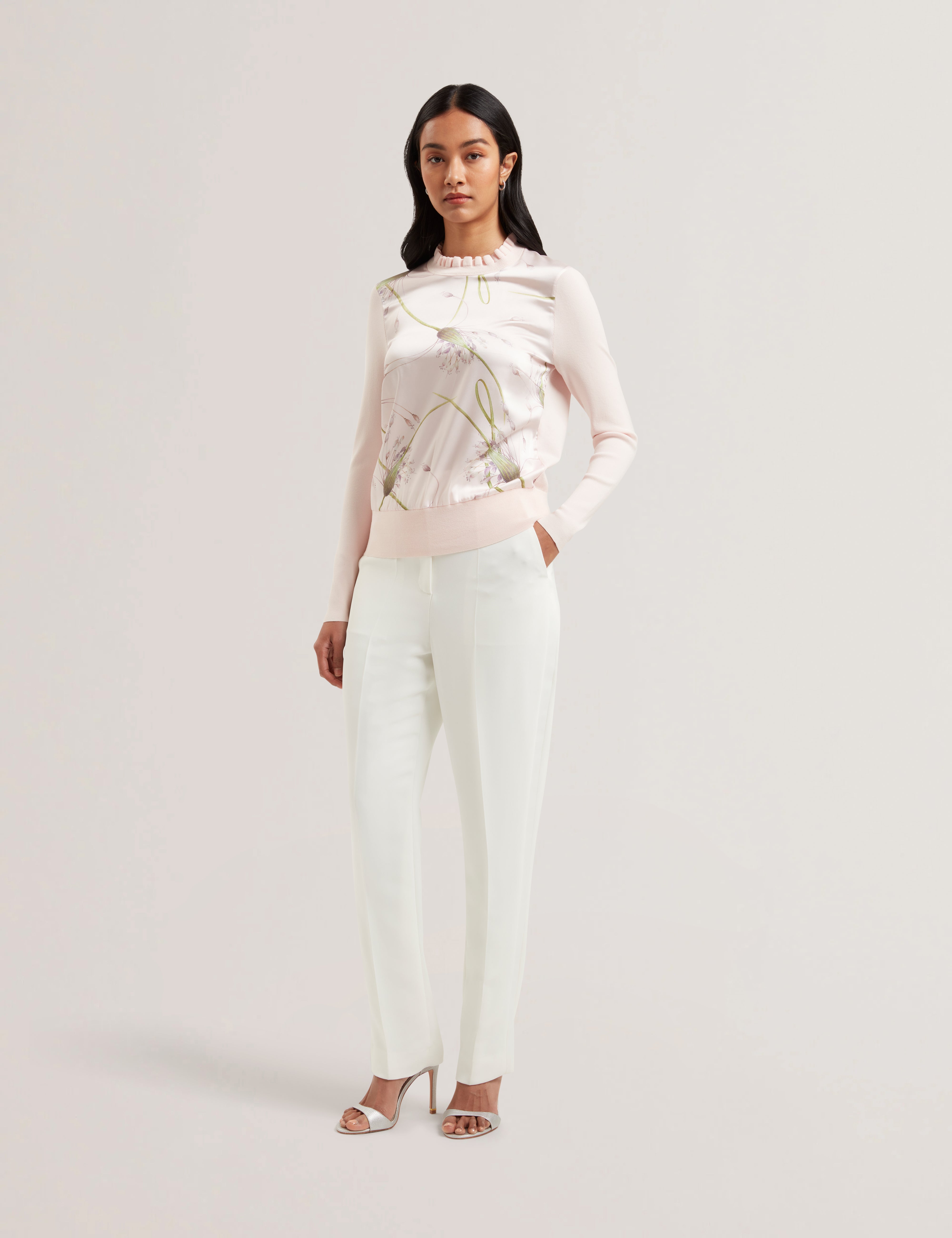 Women's VIVVYAN-Printed Woven Front High Neck Petal Pink