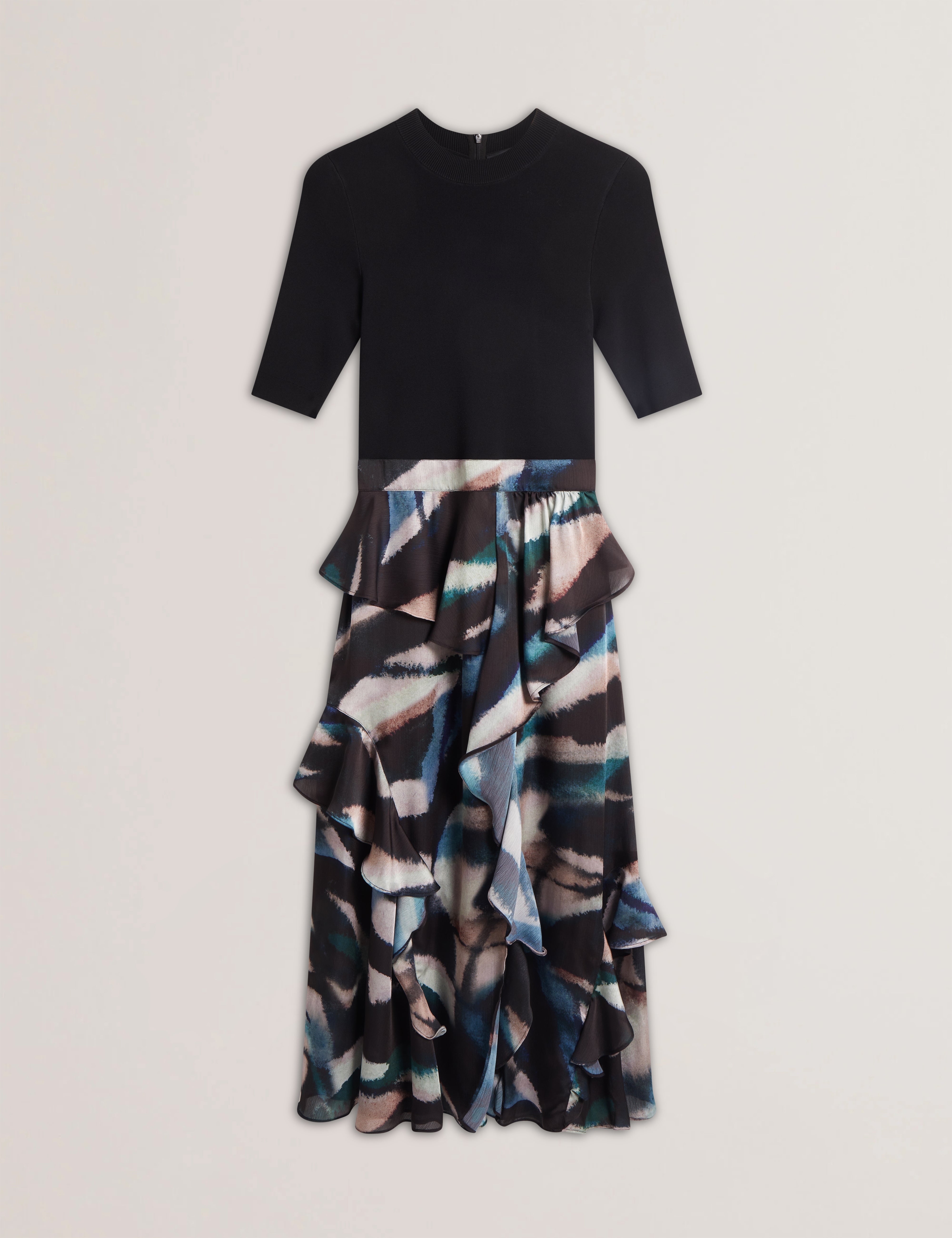 Women's AURELIO-Knit Bodice Printed Ruffle Dress