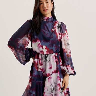 Women's Aracely-Printed LS Neck Tie  Mini Dress Navy