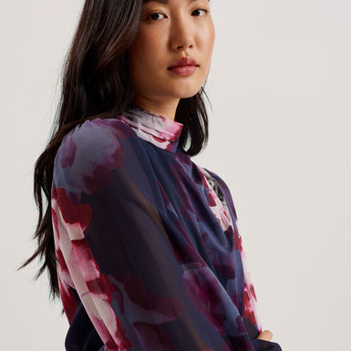 Women's Aracely-Printed LS Neck Tie  Mini Dress Navy