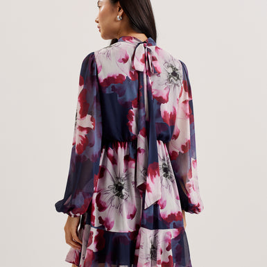 Women's Aracely-Printed LS Neck Tie  Mini Dress Navy