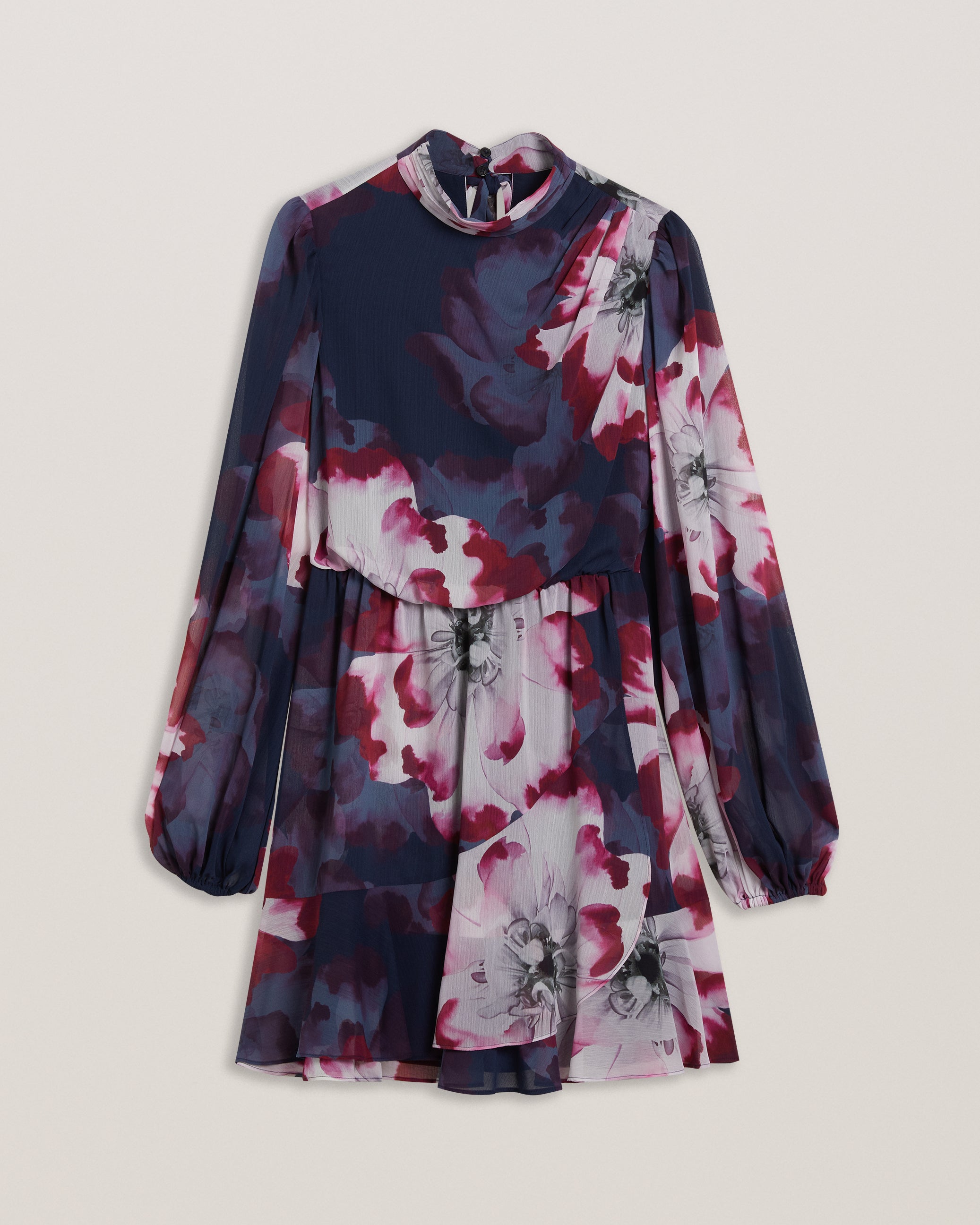 Women's Aracely-Printed LS Neck Tie  Mini Dress Navy