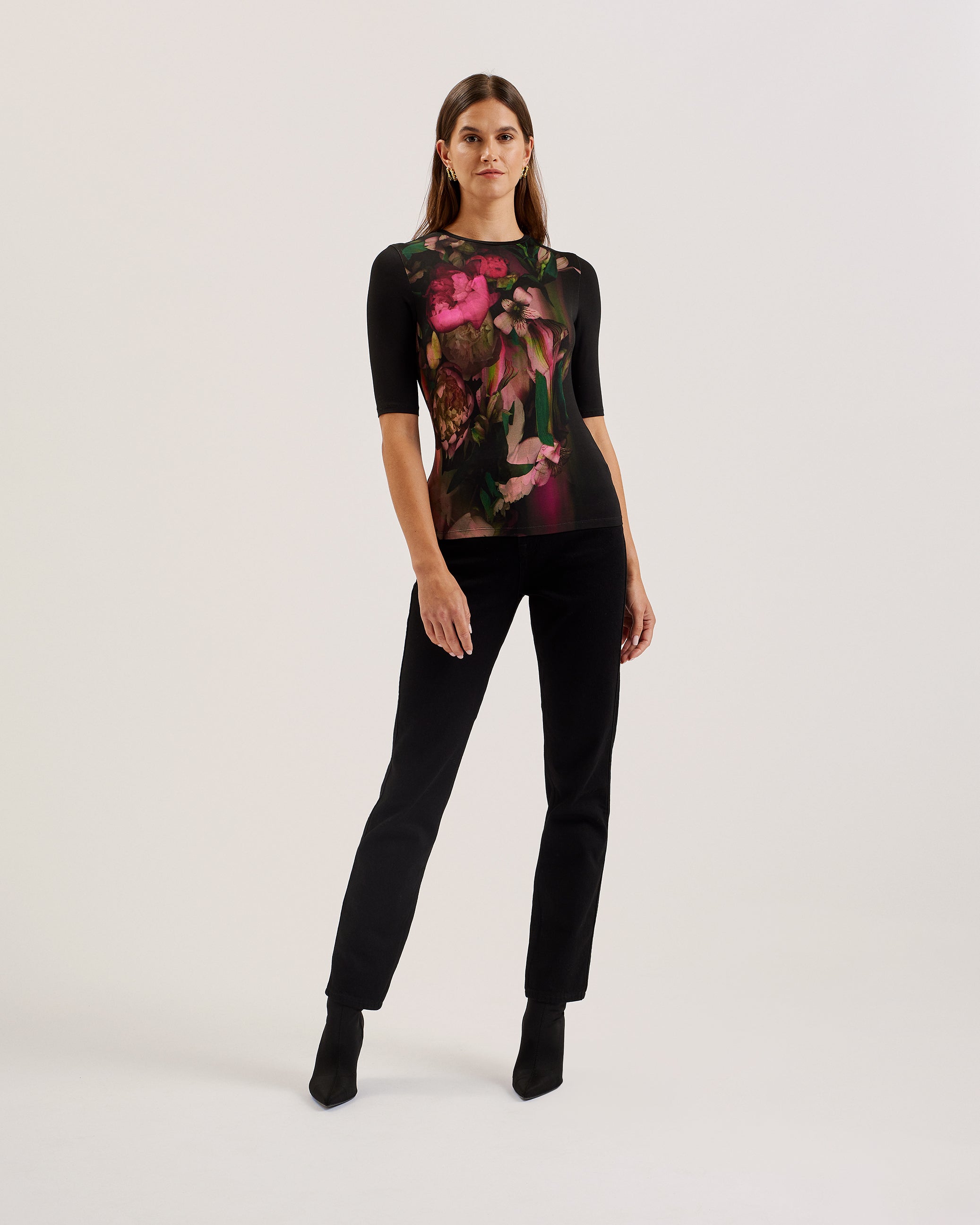 Women's Floene-Printed Skinny Fit Quarter Sleeve Top Black