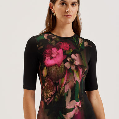 Women's Floene-Printed Skinny Fit Quarter Sleeve Top Black