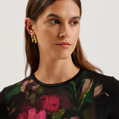 Women's Floene-Printed Skinny Fit Quarter Sleeve Top Black