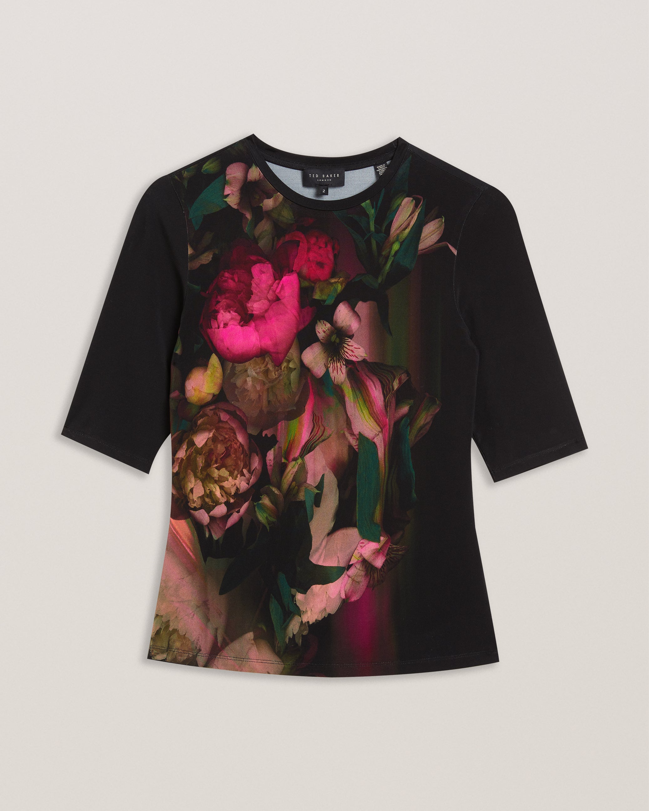 Women's Floene-Printed Skinny Fit Quarter Sleeve Top Black