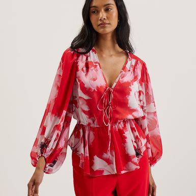 Women's Aleria-Printed Tie Front Balloon Sleeve Red