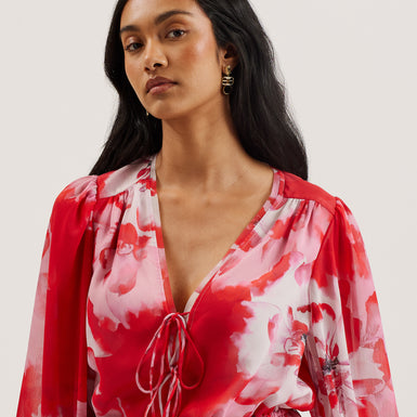 Women's Aleria-Printed Tie Front Balloon Sleeve Red