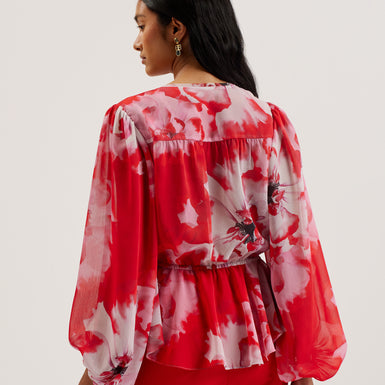 Women's Aleria-Printed Tie Front Balloon Sleeve Red