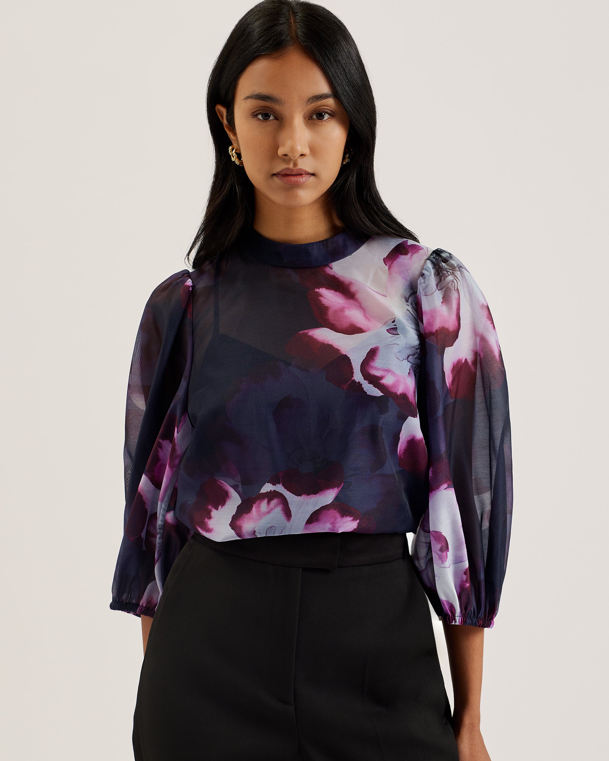 Women's Catalo-Printed Organza Top & Balloon Sleeves Navy