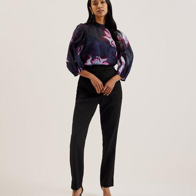 Women's Catalo-Printed Organza Top & Balloon Sleeves Navy