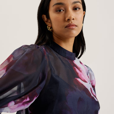 Women's Catalo-Printed Organza Top & Balloon Sleeves Navy