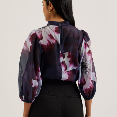 Women's Catalo-Printed Organza Top & Balloon Sleeves Navy