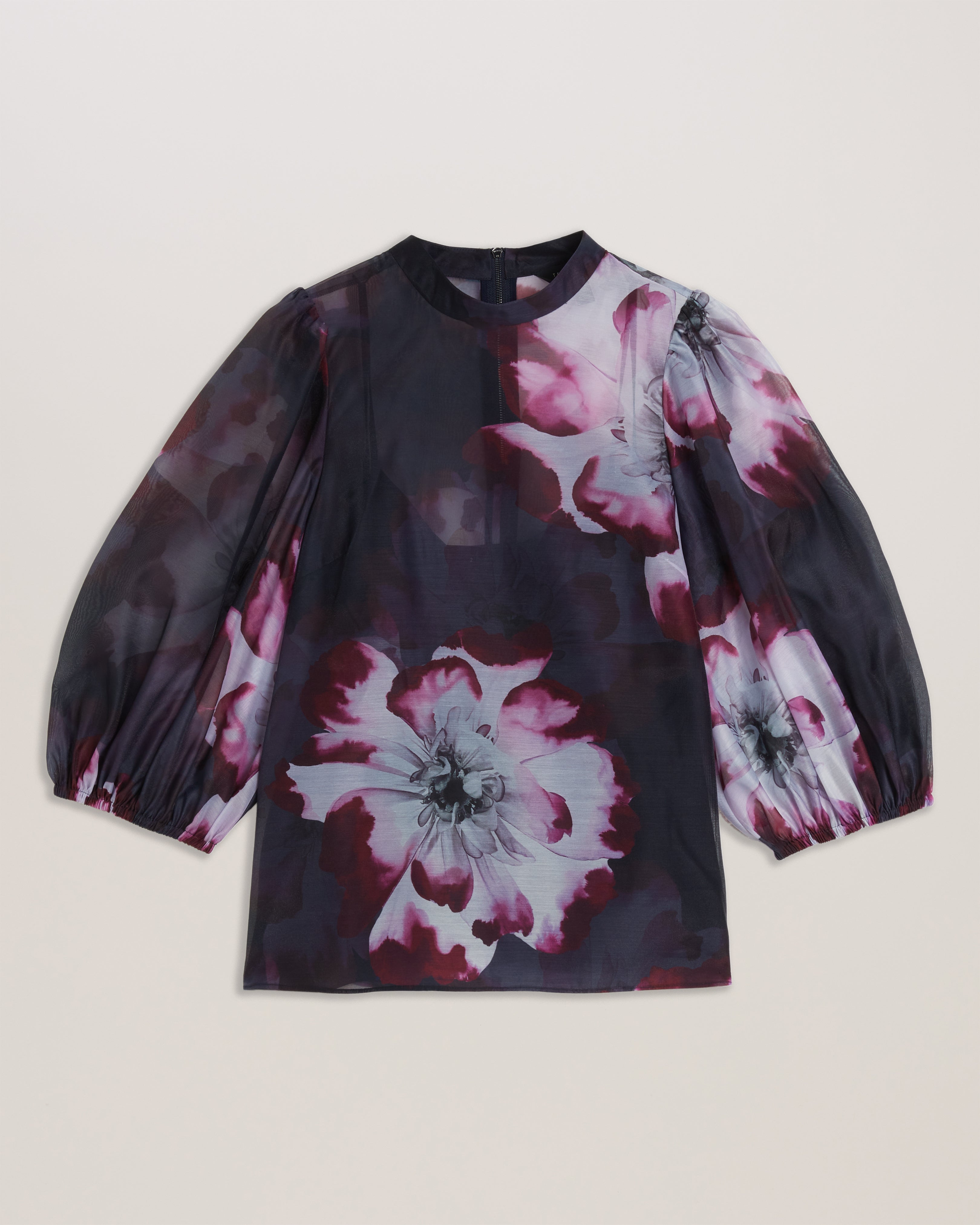 Women's Catalo-Printed Organza Top & Balloon Sleeves Navy