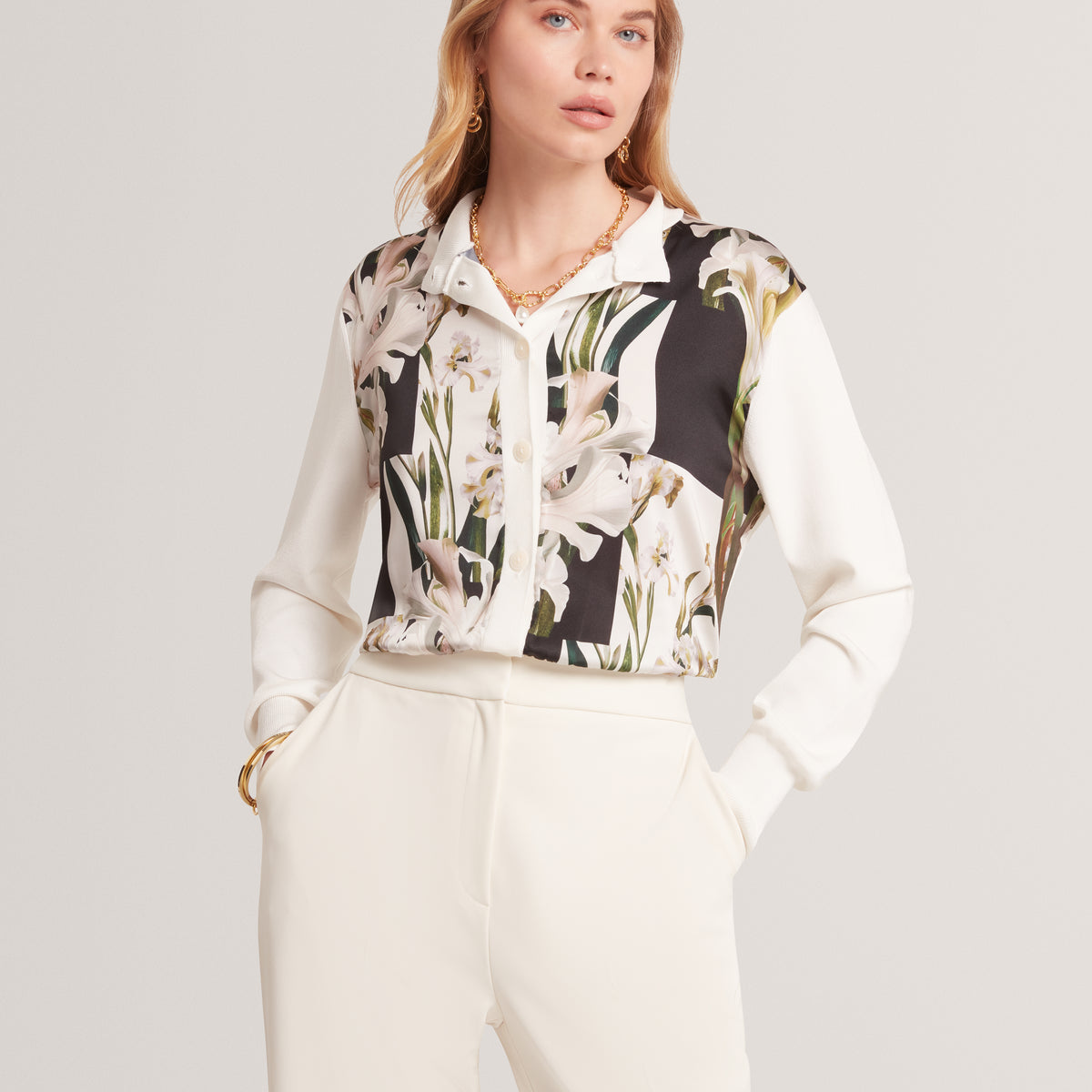 Briiar Printed Woven Front Cardigan Ivory