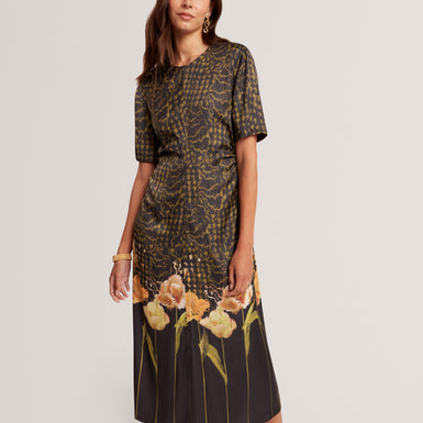 AEVAA: Printed Midi Dress With Waist Gathers