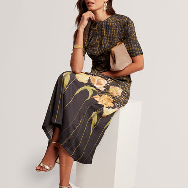 AEVAA: Printed Midi Dress With Waist Gathers