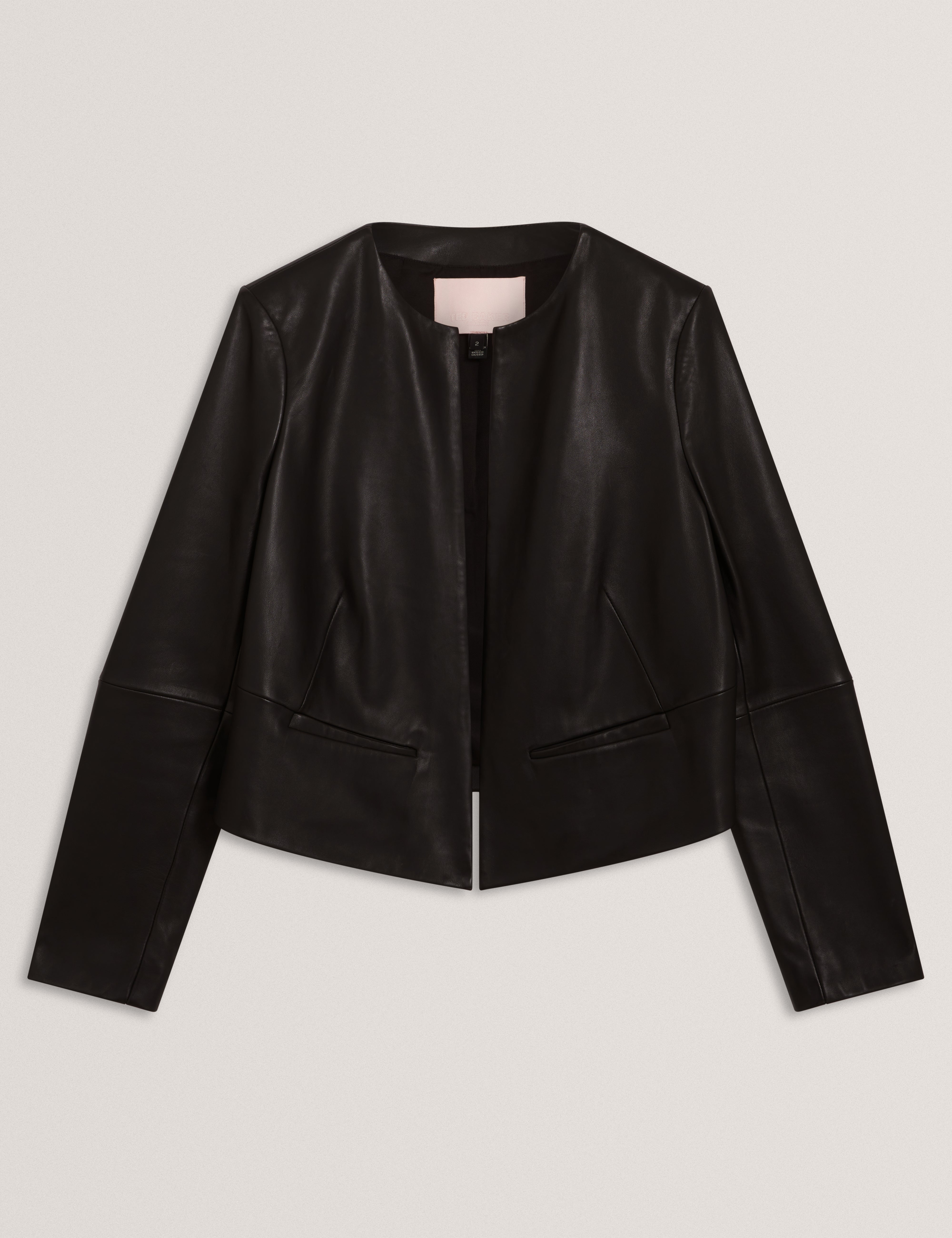 QUENTIA: Cropped Collarless Leather Jacket