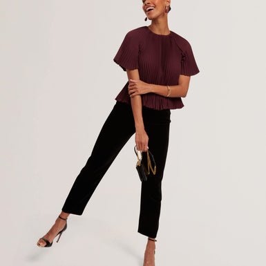 AGARA: Crepe Pleated Short Sleeve Top