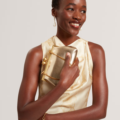 SYLVIII: Rose Detail Leather Metallic Clutch Bag