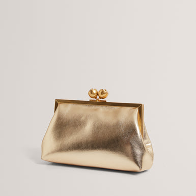 SYLVIII: Rose Detail Leather Metallic Clutch Bag