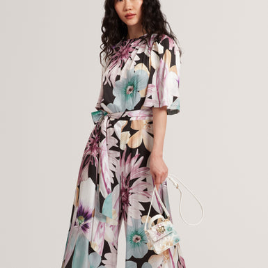 SUNSHI: Printed Drape Neck Detail Wide Leg Jumps