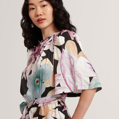 SUNSHI: Printed Drape Neck Detail Wide Leg Jumps