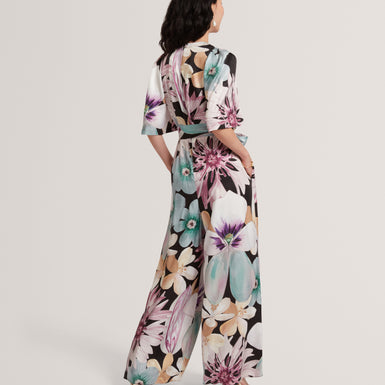 SUNSHI: Printed Drape Neck Detail Wide Leg Jumps