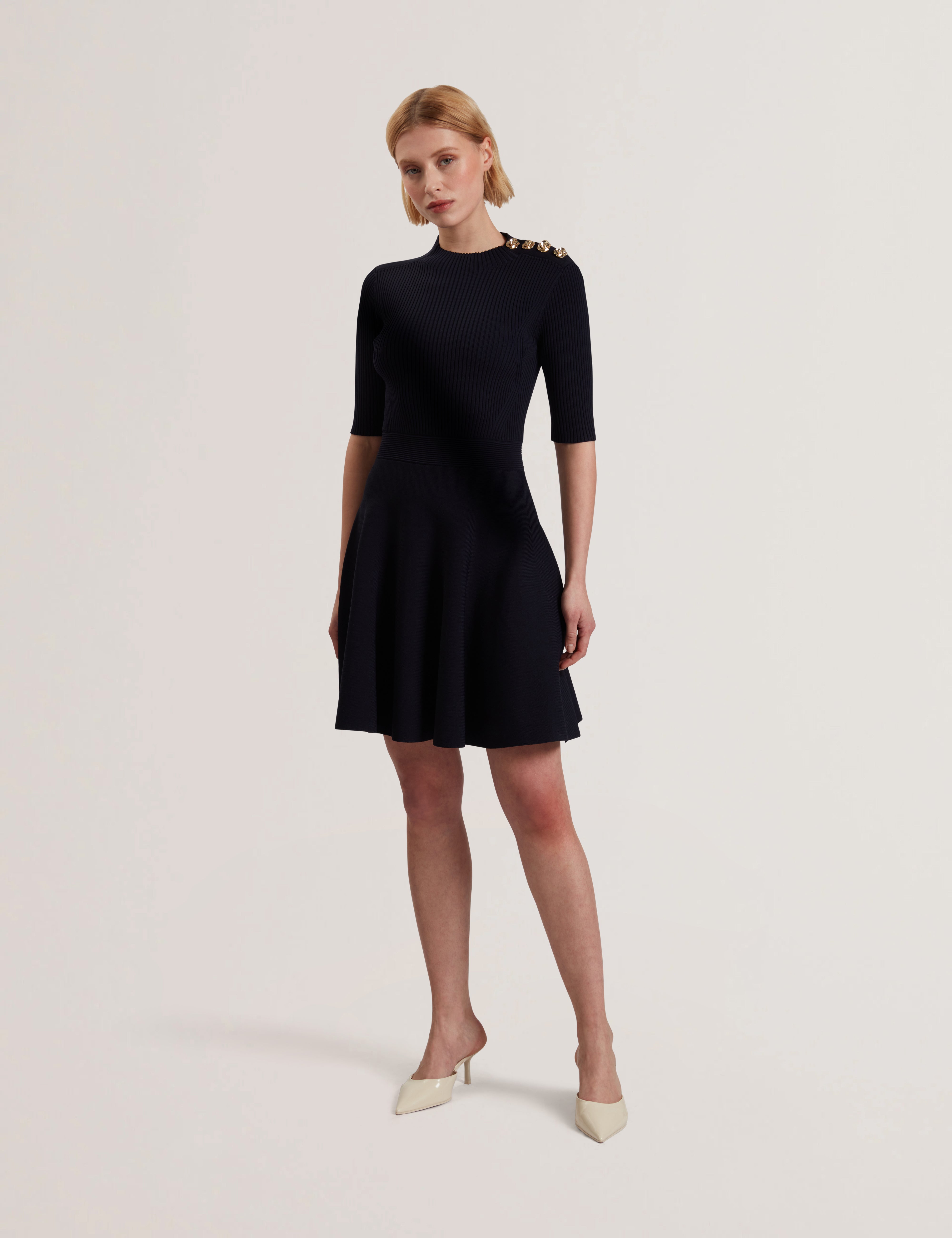 Women's LILANO-Ribbed Knit Button Detail Skater Dress Navy