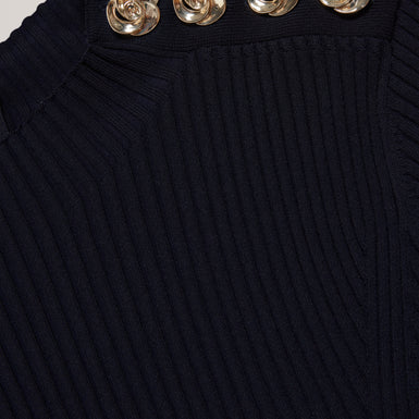 Women's LILANO-Ribbed Knit Button Detail Skater Dress Navy