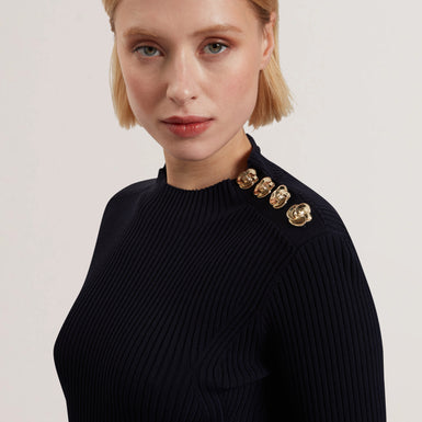 Women's LILANO-Ribbed Knit Button Detail Skater Dress Navy