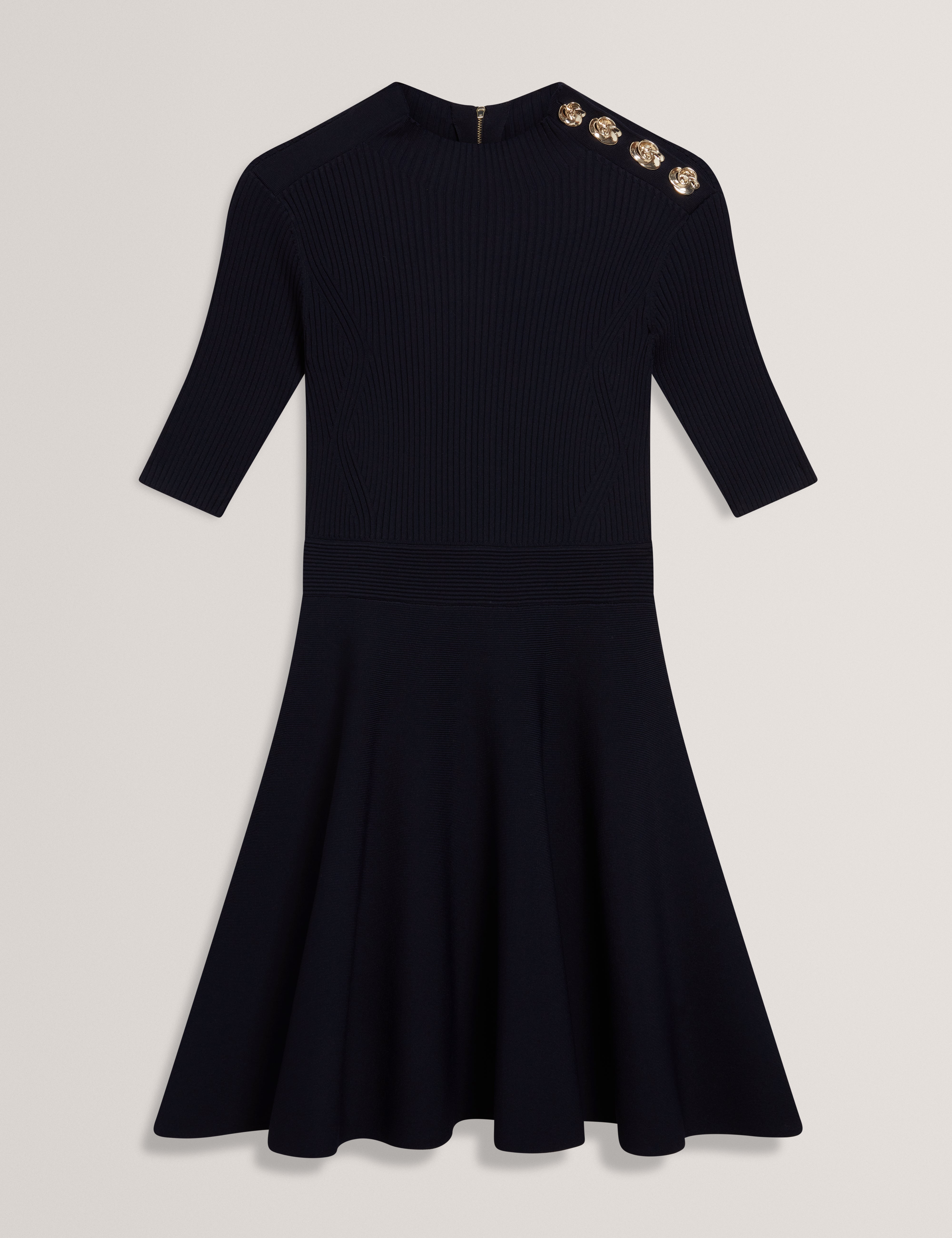 Women's LILANO-Ribbed Knit Button Detail Skater Dress Navy