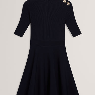 Women's LILANO-Ribbed Knit Button Detail Skater Dress Navy