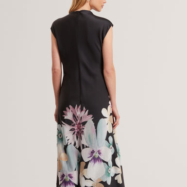 DEMITA: Printed Short Sleeve Draped Neck Midi Dr