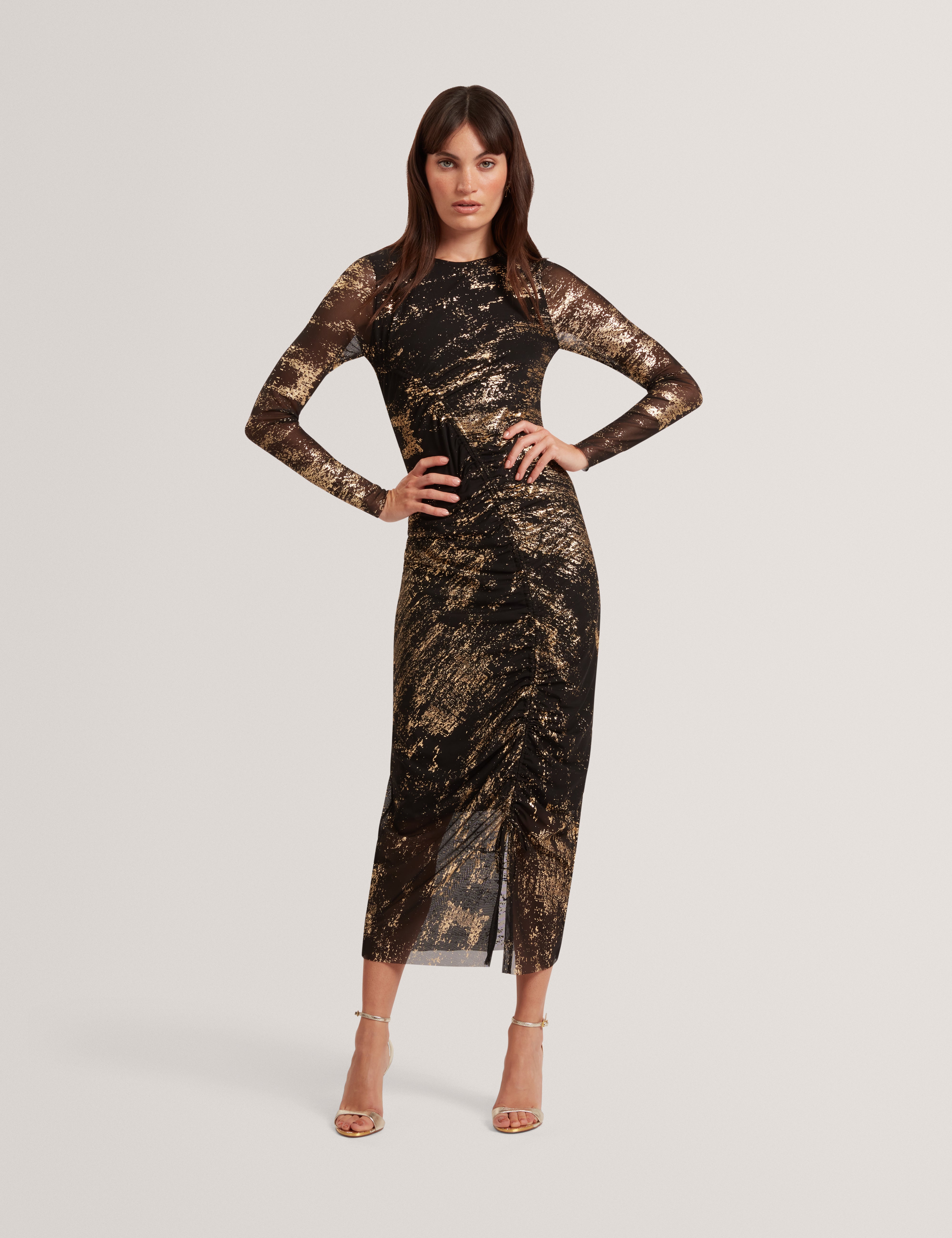 NOHAA: Foil Printed Long Sleeve Mesh Bodycon Dress