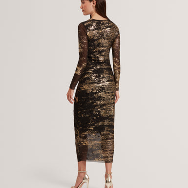 NOHAA: Foil Printed Long Sleeve Mesh Bodycon Dress