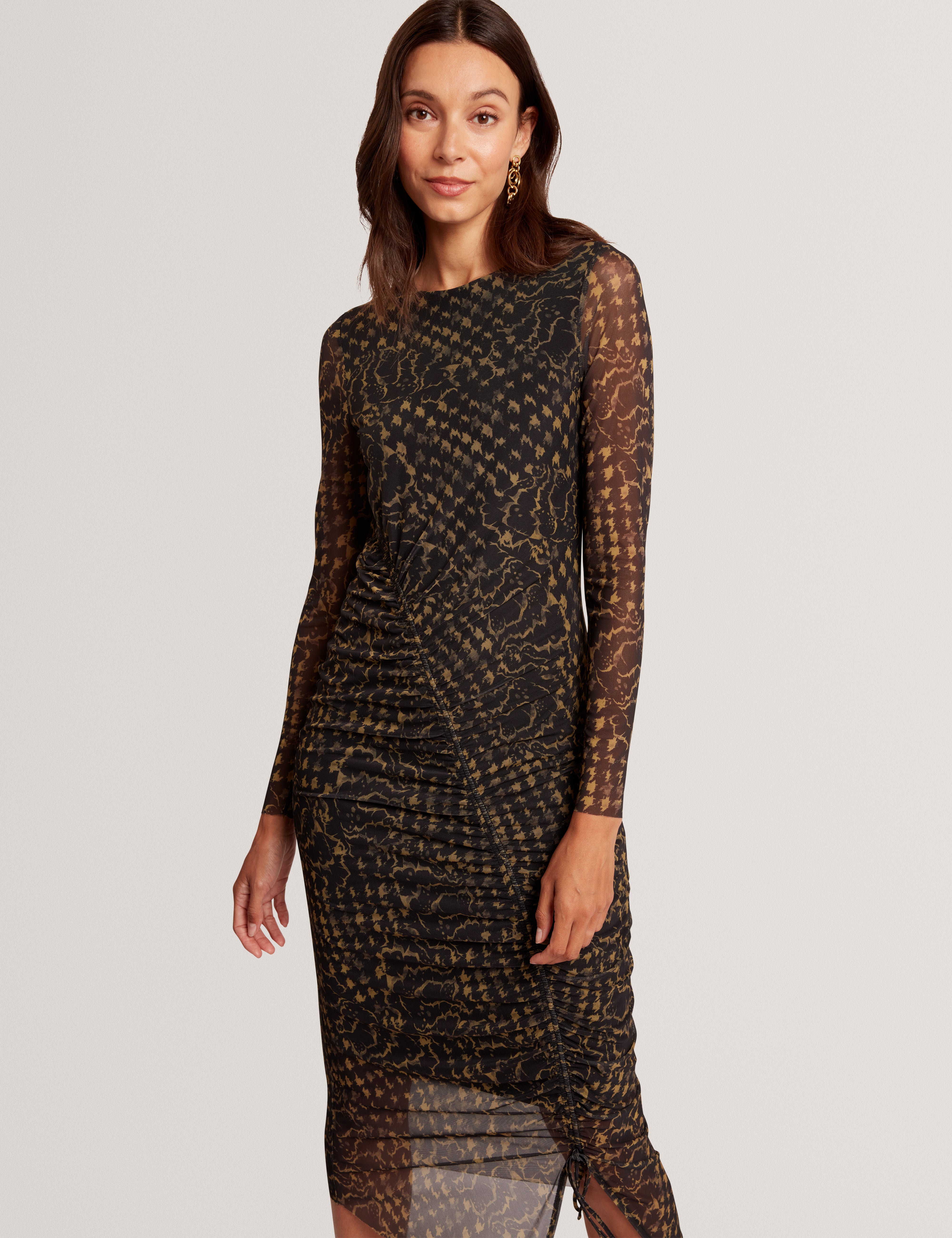 MAEMII: Ruched Mesh Midi Dress With Split