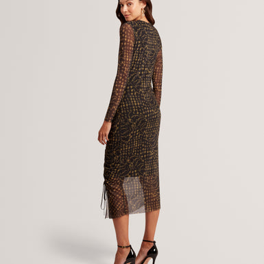MAEMII: Ruched Mesh Midi Dress With Split