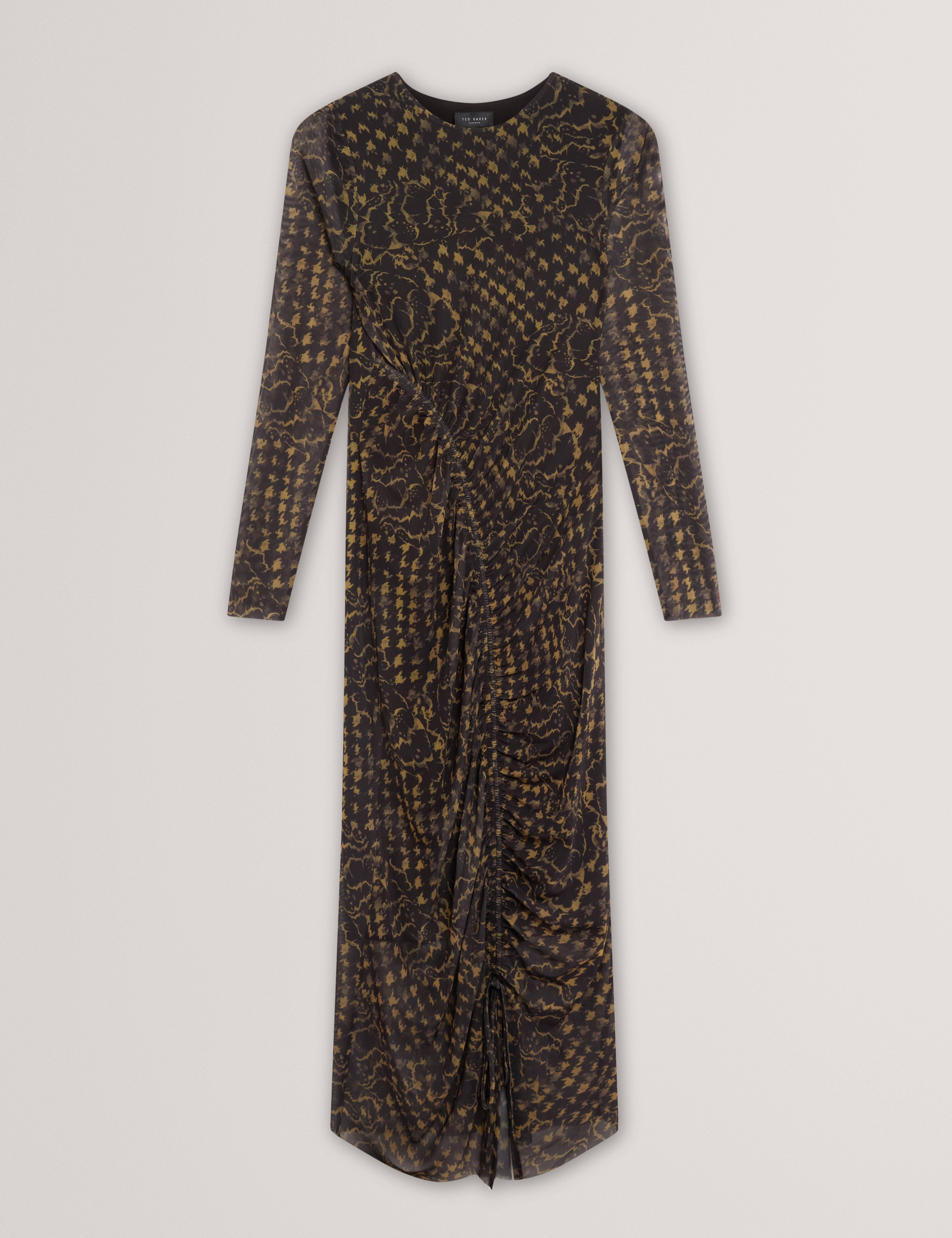 MAEMII: Ruched Mesh Midi Dress With Split