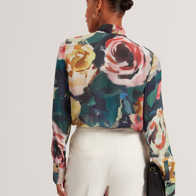 ARAGA: Tie Neck Printed Long Sleeve Shirt