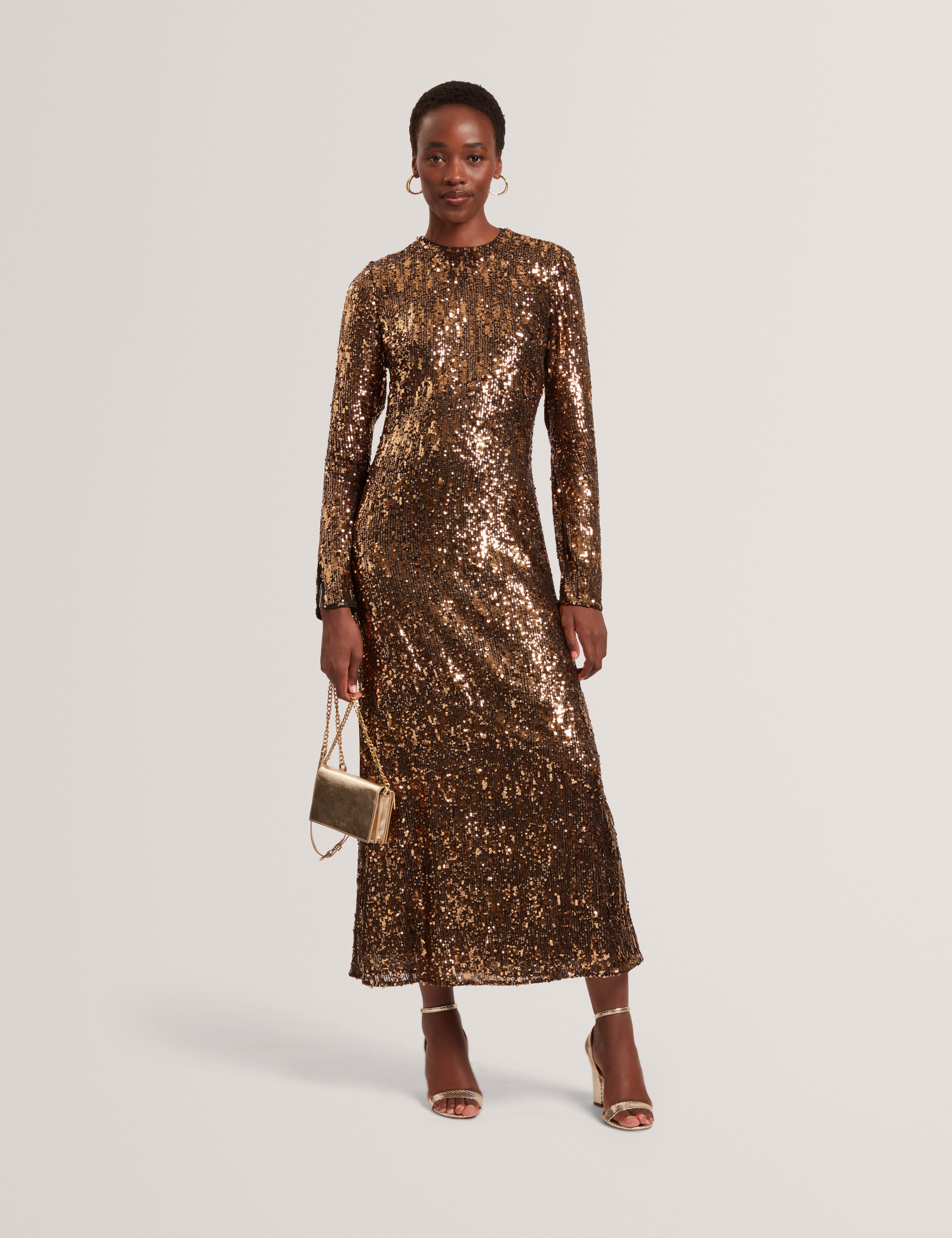 JADEAA: Sequinned Long Sleeve Midi Dress